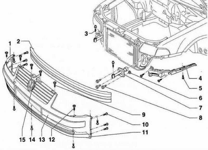 Как снять переднюю. Снятие переднего бампера Пассат б5. Крепление переднего бампера Фольксваген Пассат б4. Фольксваген б5 крепление бампера переднего. Болты крепления переднего бампера Passat b5.
