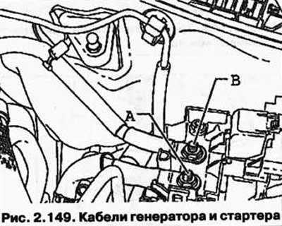Отсоедините кабели стартера А и генератора В и…