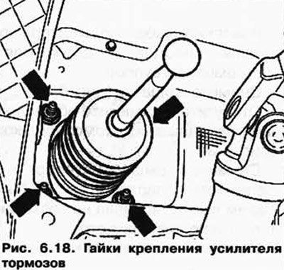Отверните гайки на усилителе тормозов (рис. 6.18).