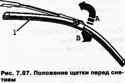 Поверните щетку 1 на поводке стеклоочистителя до…